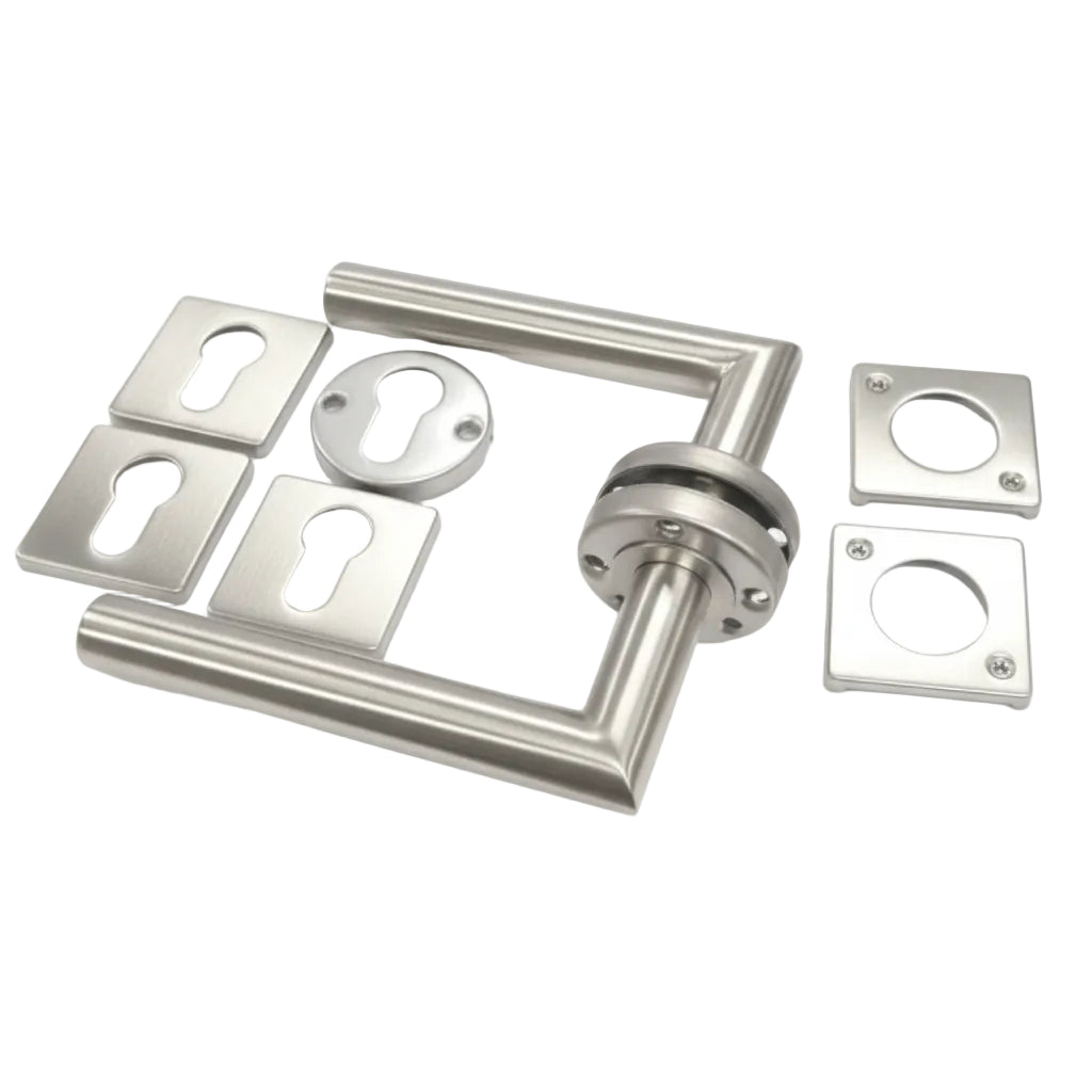 Deurkruk met rozetten, RVS (recht model), stift 120 mm